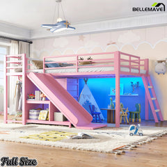 Full size pink metal loft bed with slide and elevated guardrails