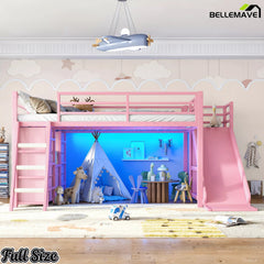 Full size pink loft bed with ladder, slide and underbed play space