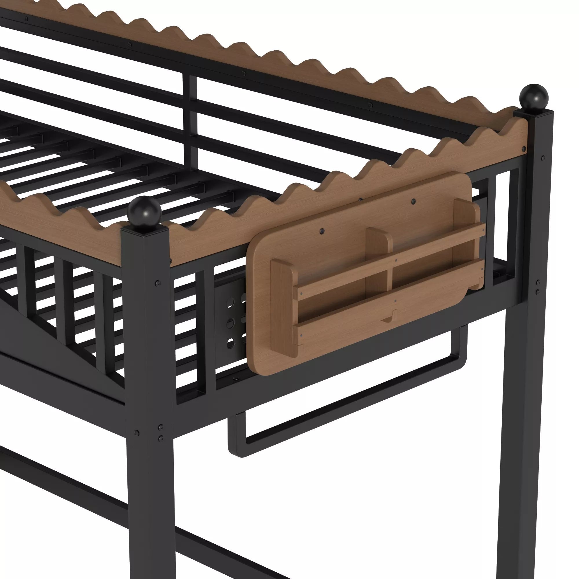 Metal loft bed storage shelf and hanging organizer detail