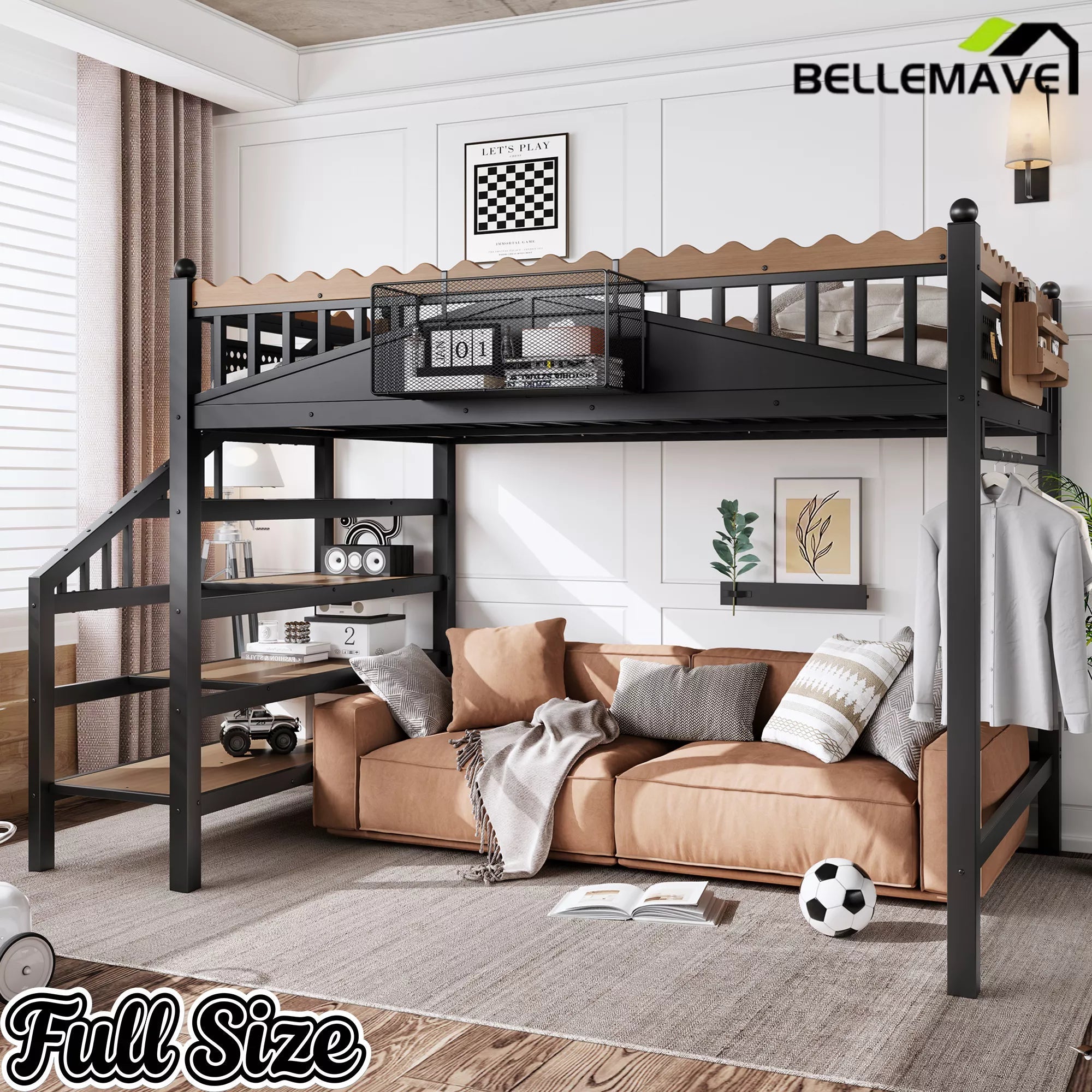 Full size metal loft bed space saving bedroom setup