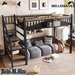 Twin XL metal loft bed space saving storage design
