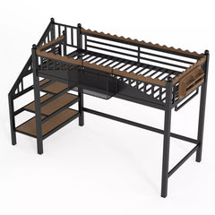 Metal loft bed with storage stairs angled view