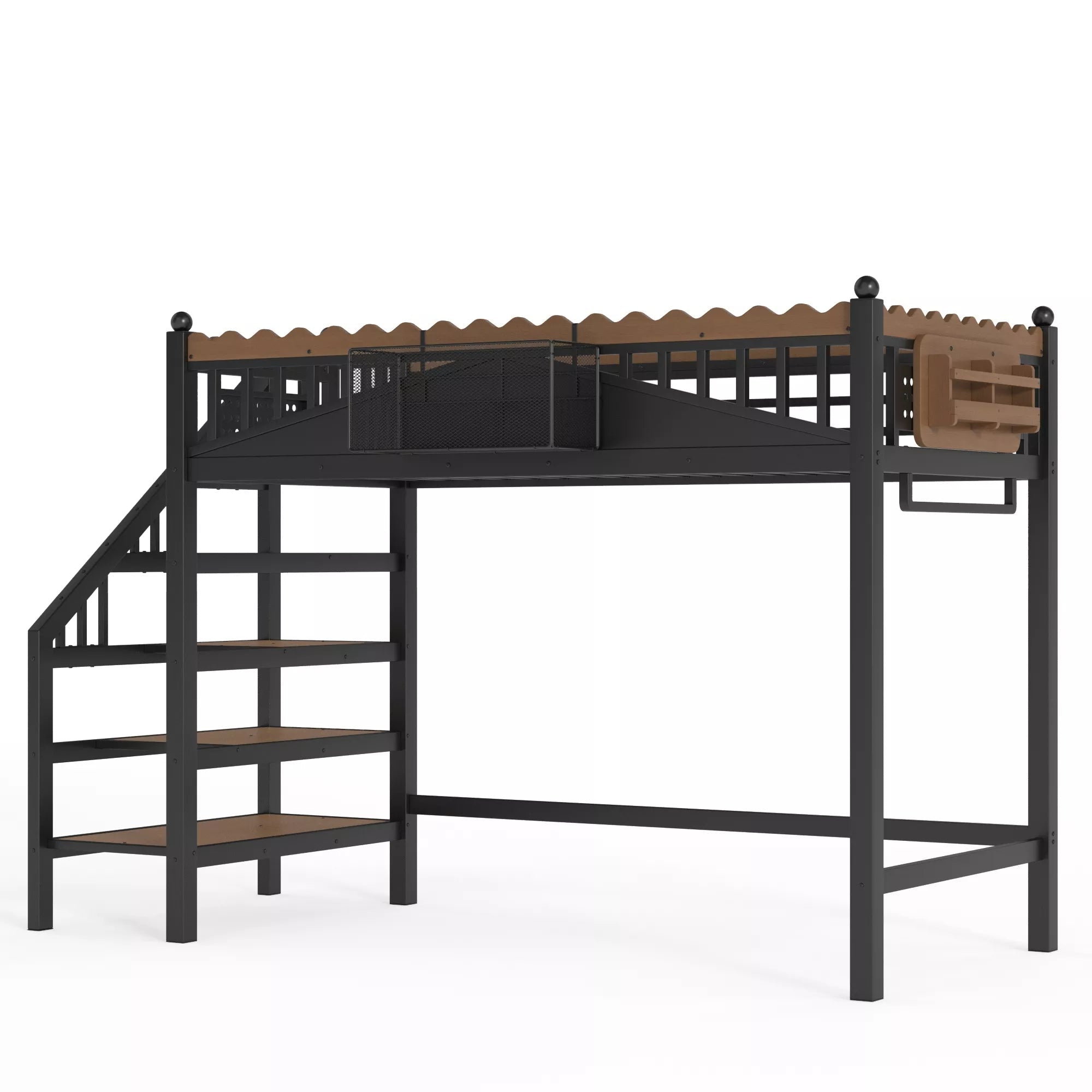 Metal loft bed with bookshelf and storage stairs side view