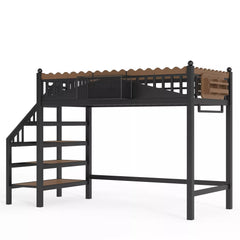 Metal loft bed with bookshelf and storage stairs side view
