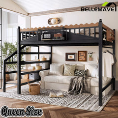 Queen size metal loft bed with storage stairs and shelves