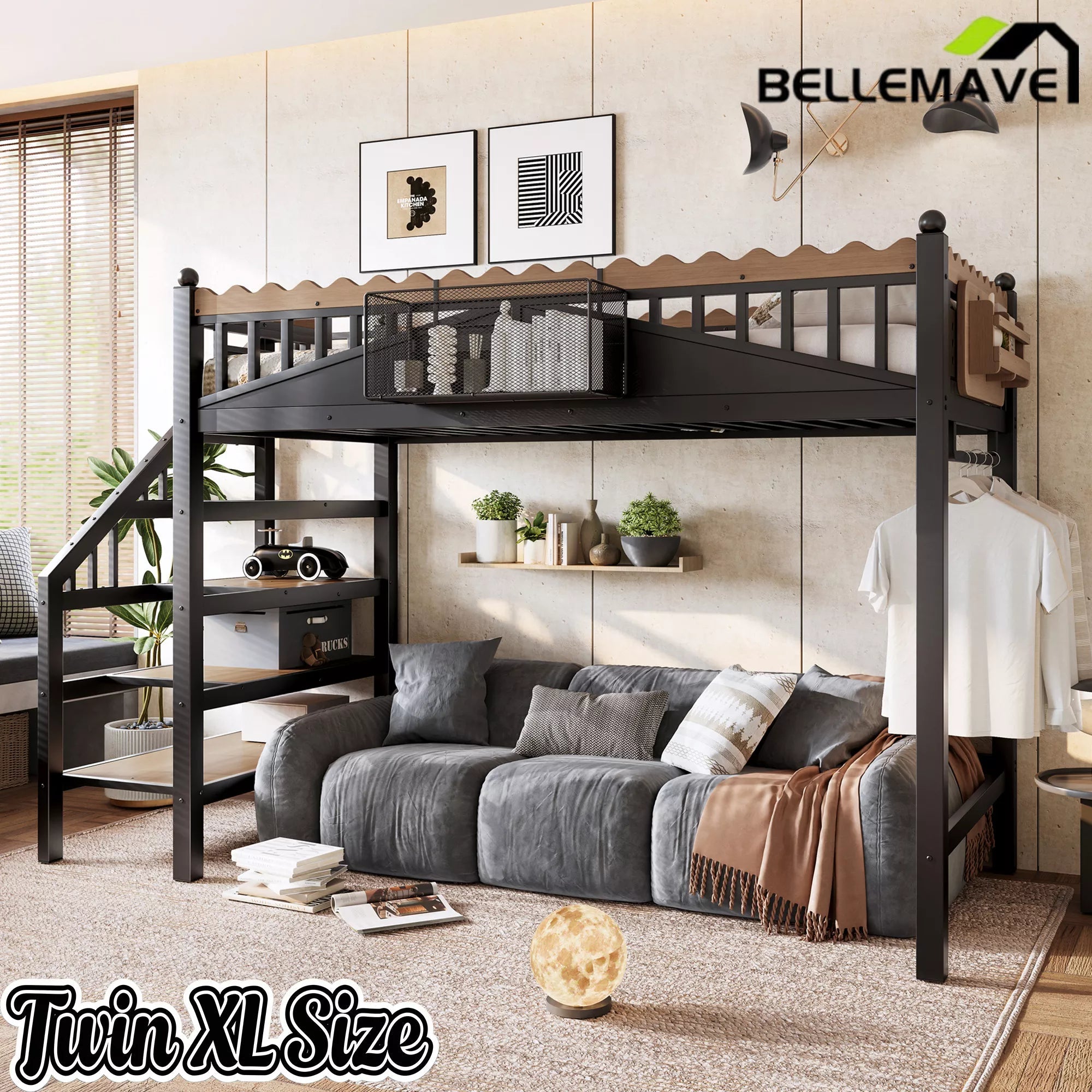 Twin XL metal loft bed with storage stairs and shelving