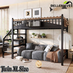 Twin XL metal loft bed with storage stairs and shelving