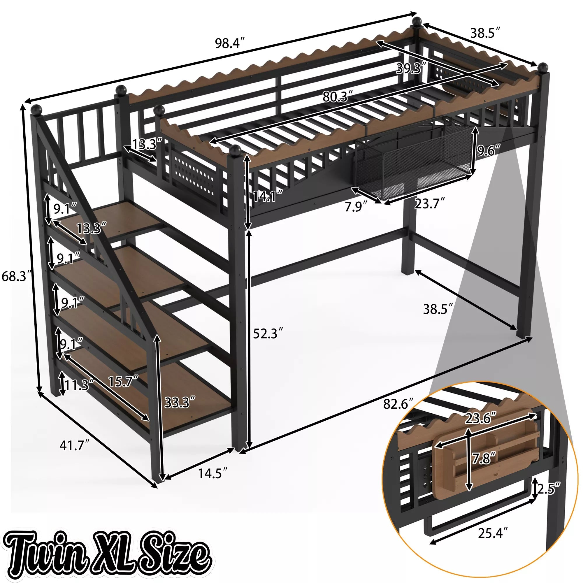 Twin XL metal loft bed dimensions with storage stairs