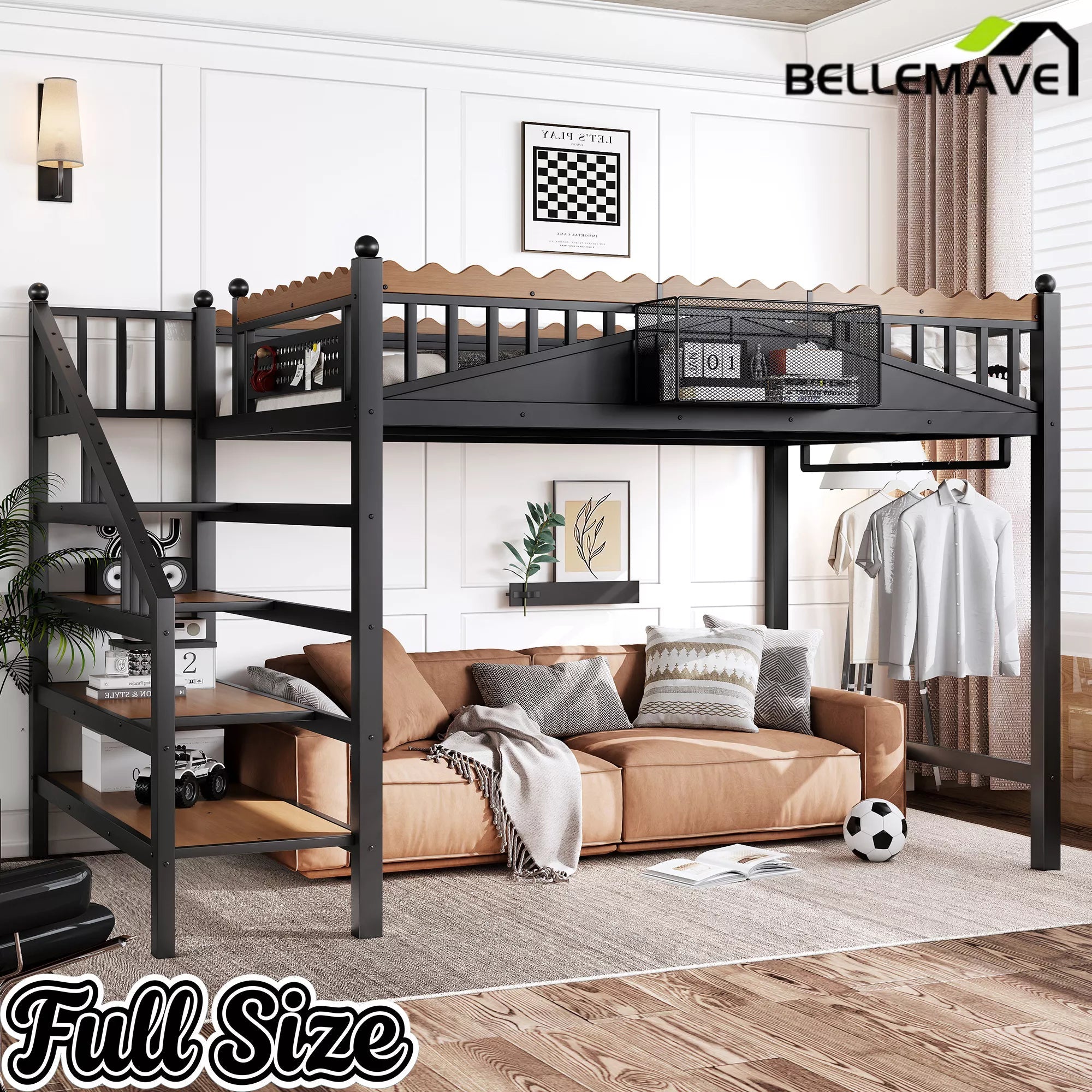 Full size metal loft bed with storage stairs and bookshelf
