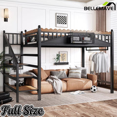 Full size metal loft bed with storage stairs and bookshelf