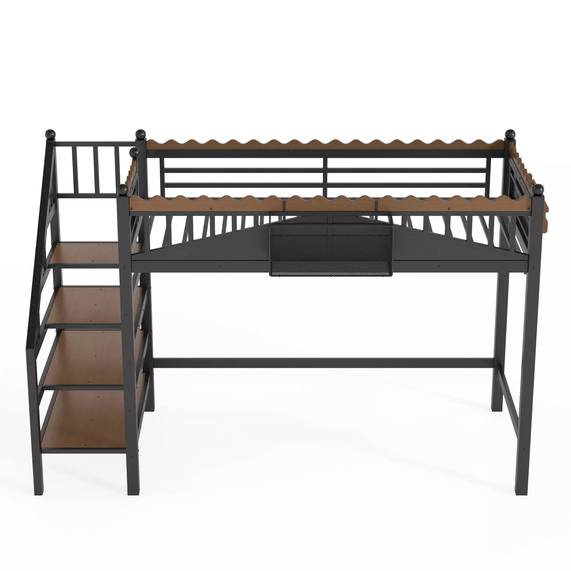 Metal loft bed with storage stairs front angle view