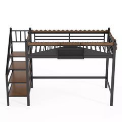 Metal loft bed with storage stairs front angle view