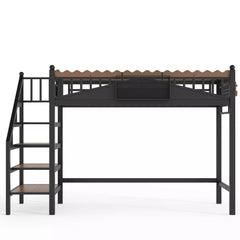 Metal loft bed with storage stairs and bookshelf front view