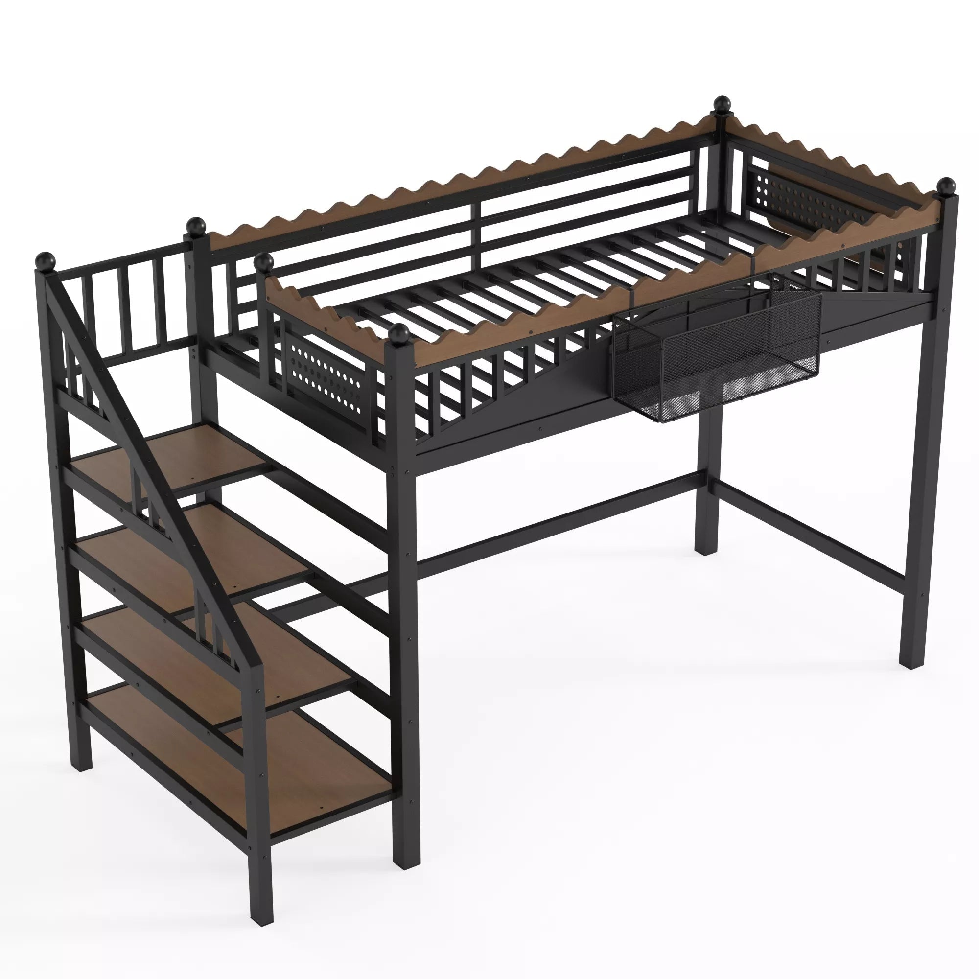 Metal loft bed frame with bookshelf and stairs rear angle view