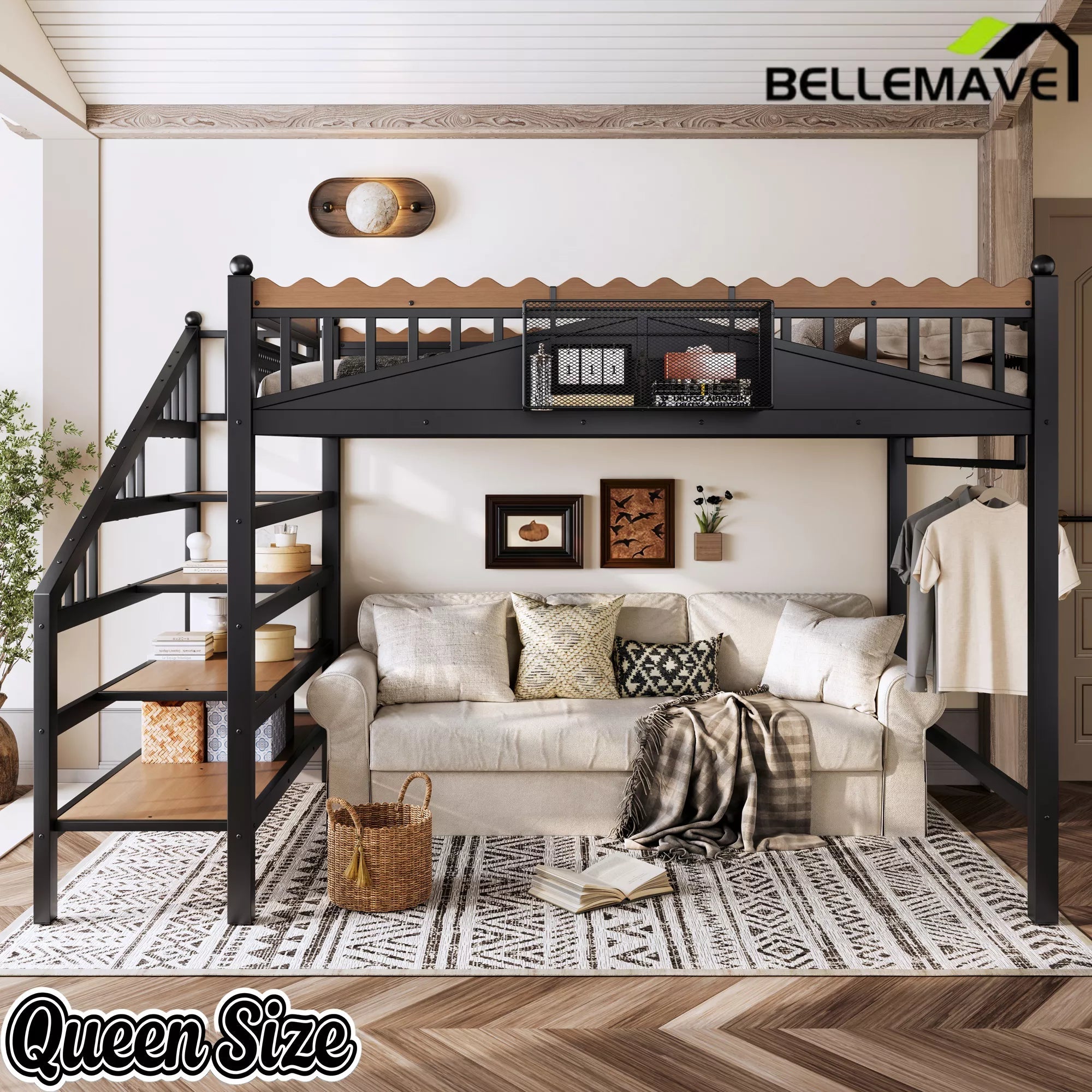 Queen size metal loft bed for bedroom organization