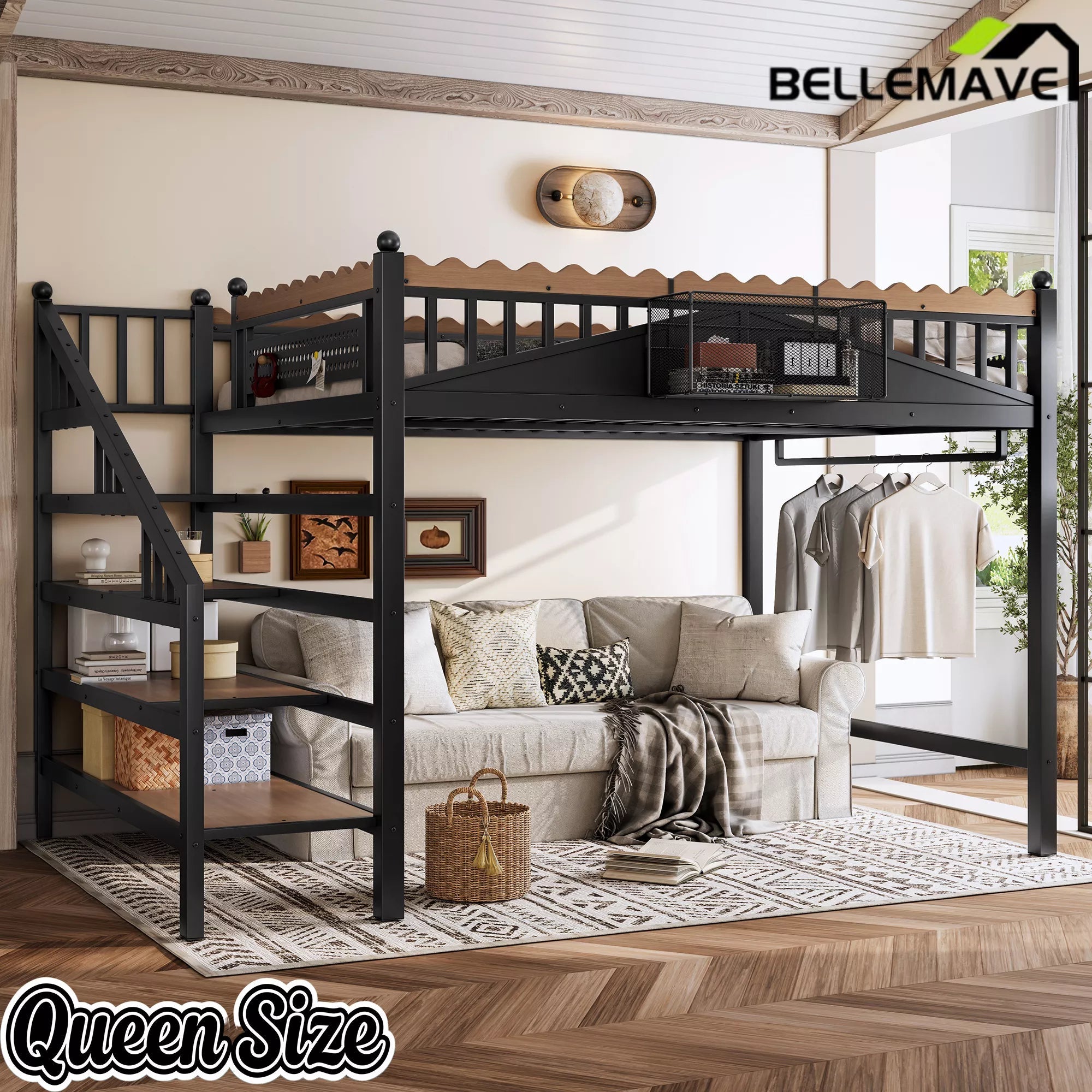 Queen size metal loft bed with bookshelf and storage shelves