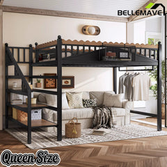 Queen size metal loft bed with bookshelf and storage shelves