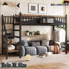 Twin XL metal loft bed with bookshelf and storage shelves