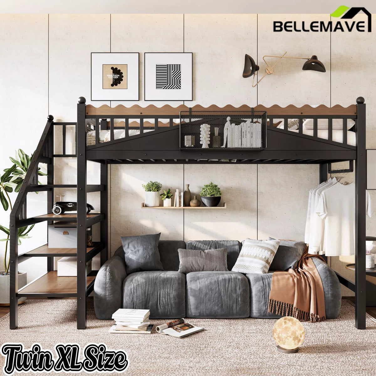 Twin XL metal loft bed for small bedroom spaces