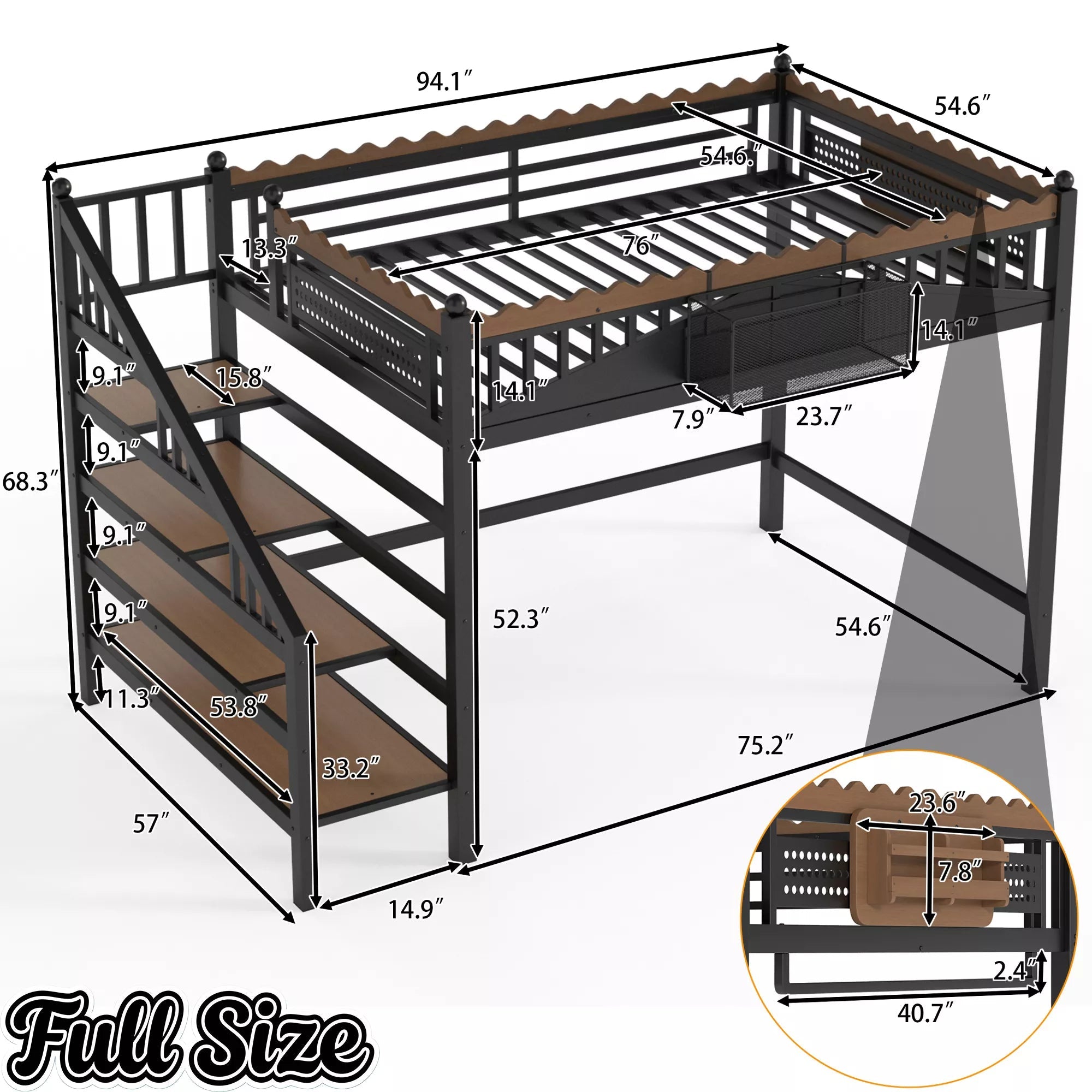 Full size metal loft bed dimensions with storage stairs