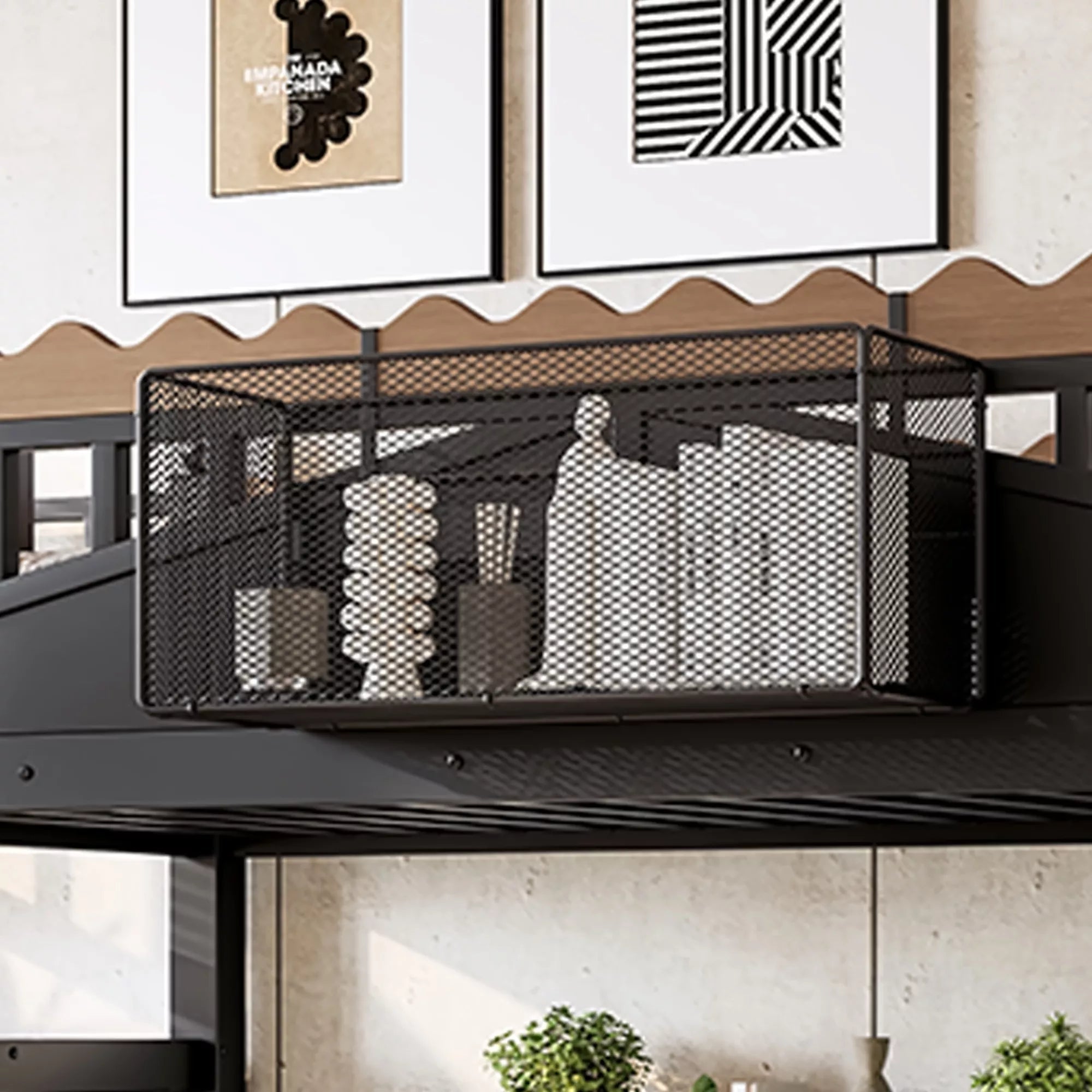 Metal loft bed bookshelf storage compartment detail