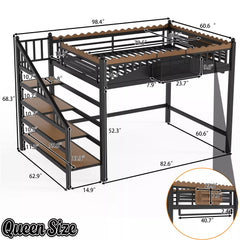 Queen size metal loft bed dimensions with storage stairs