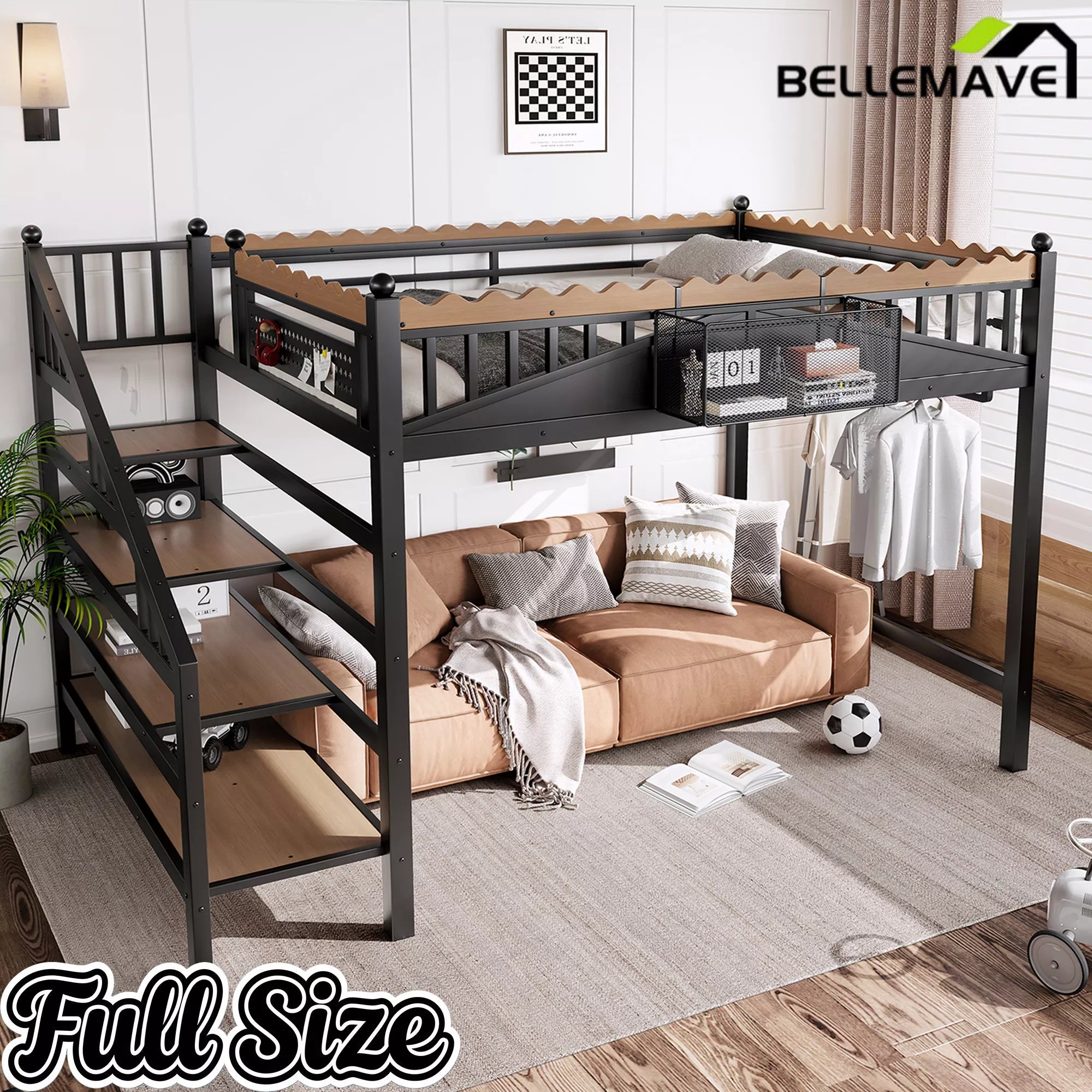 Full size metal loft bed with bookshelf and storage shelves