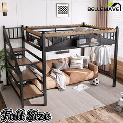 Full size metal loft bed with bookshelf and storage shelves