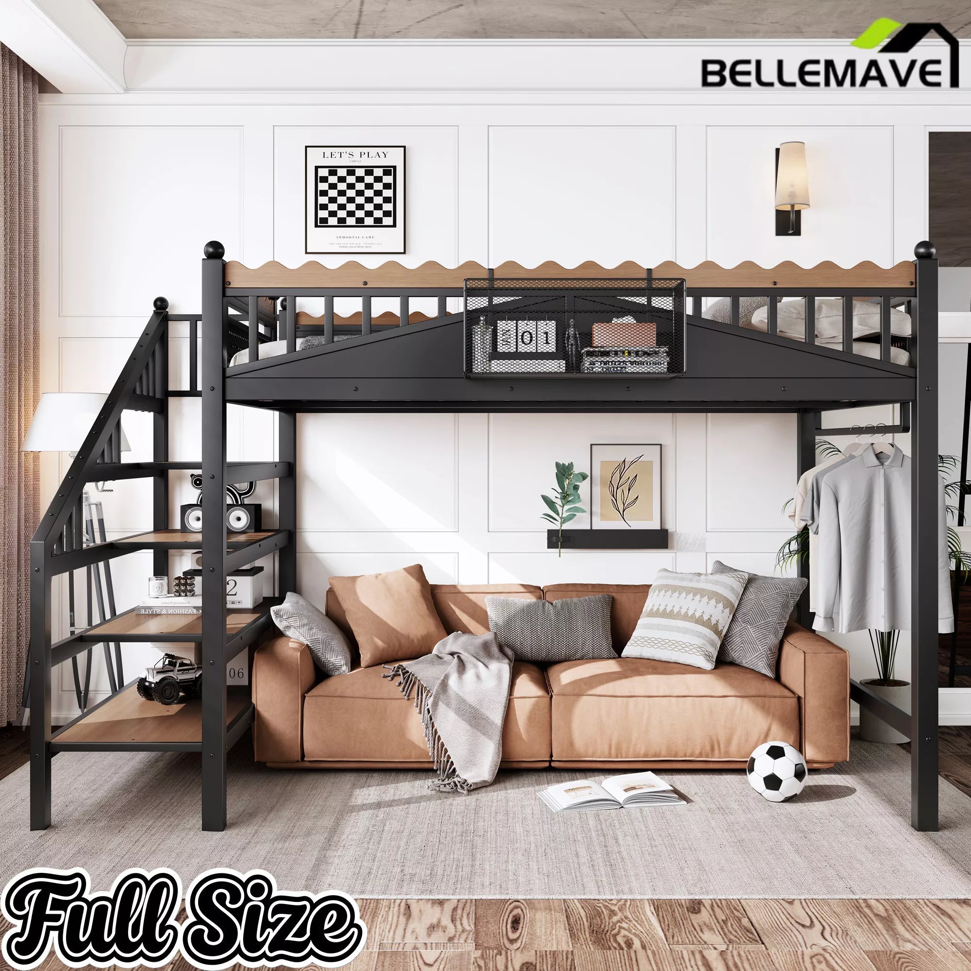 Full size metal loft bed with storage shelves and stairs