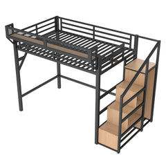 Bellemave® Metal Loft Bed with Storage Stairs, Shelves and Built - in Wardrobe, USB Ports and LED Lights - Bellemave