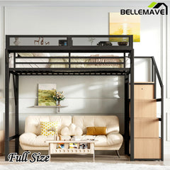 Bellemave® Metal Loft Bed with Storage Stairs, Shelves and Built - in Wardrobe, USB Ports and LED Lights - Bellemave