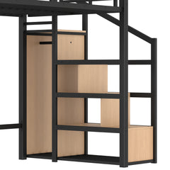 Bellemave® Metal Loft Bed with Storage Stairs, Shelves and Built - in Wardrobe, USB Ports and LED Lights - Bellemave