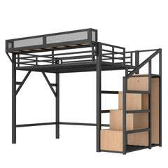 Bellemave® Metal Loft Bed with Storage Stairs, Shelves and Built - in Wardrobe, USB Ports and LED Lights - Bellemave