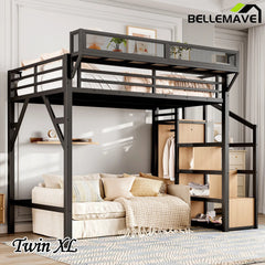 Bellemave® Metal Loft Bed with Storage Stairs, Shelves and Built - in Wardrobe, USB Ports and LED Lights - Bellemave