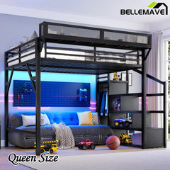 Bellemave® Metal Loft Bed with Storage Stairs, Shelves and Built - in Wardrobe, USB Ports and LED Lights - Bellemave