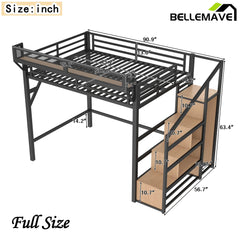 Bellemave® Metal Loft Bed with Storage Stairs, Shelves and Built - in Wardrobe, USB Ports and LED Lights - Bellemave