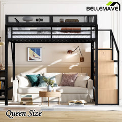 Bellemave® Metal Loft Bed with Storage Stairs, Shelves and Built - in Wardrobe, USB Ports and LED Lights - Bellemave