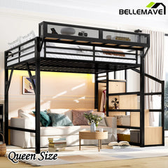 Bellemave® Metal Loft Bed with Storage Stairs, Shelves and Built - in Wardrobe, USB Ports and LED Lights - Bellemave