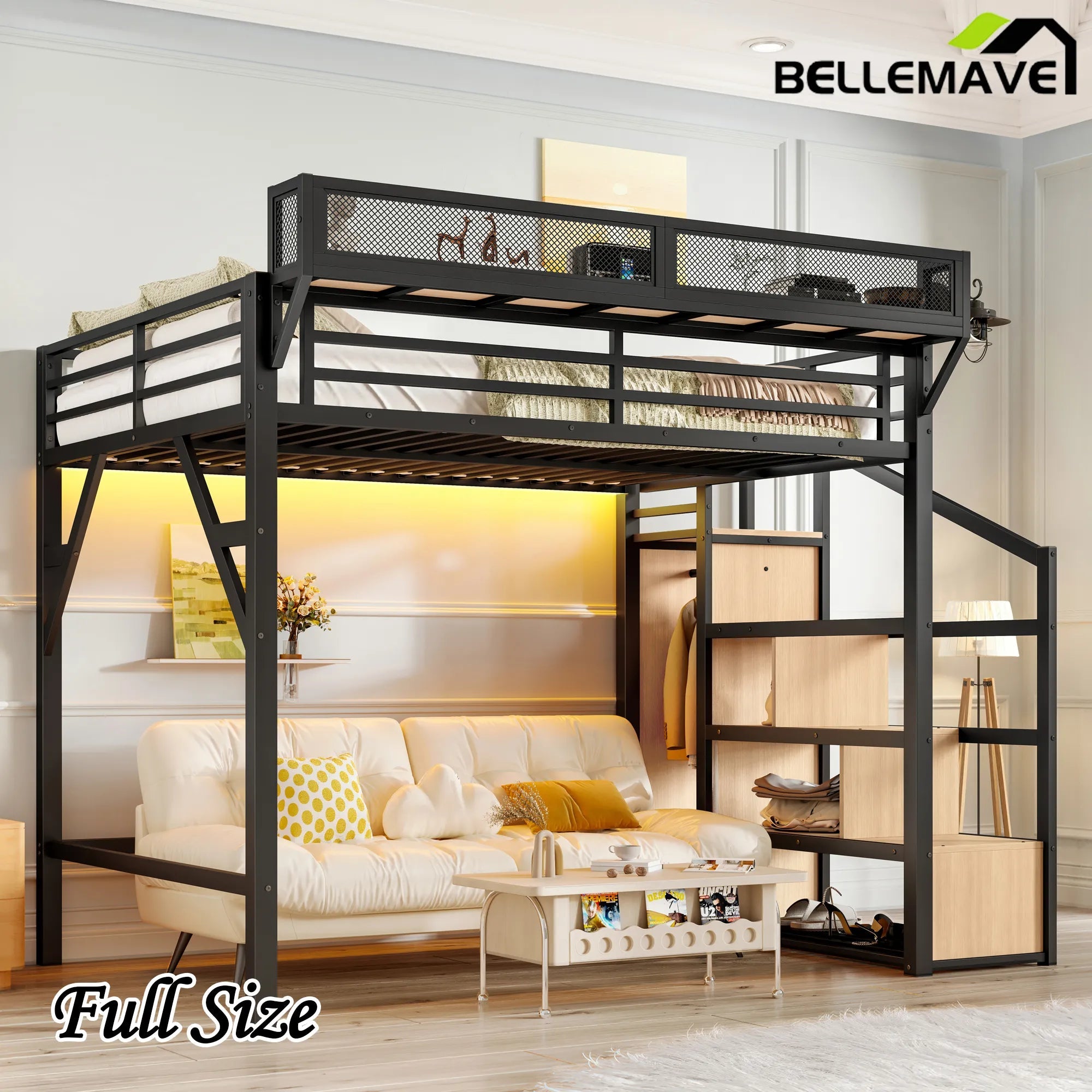 Bellemave® Metal Loft Bed with Storage Stairs, Shelves and Built - in Wardrobe, USB Ports and LED Lights - Bellemave