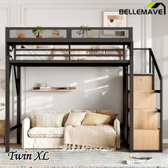 Bellemave® Metal Loft Bed with Storage Stairs, Shelves and Built - in Wardrobe, USB Ports and LED Lights - Bellemave
