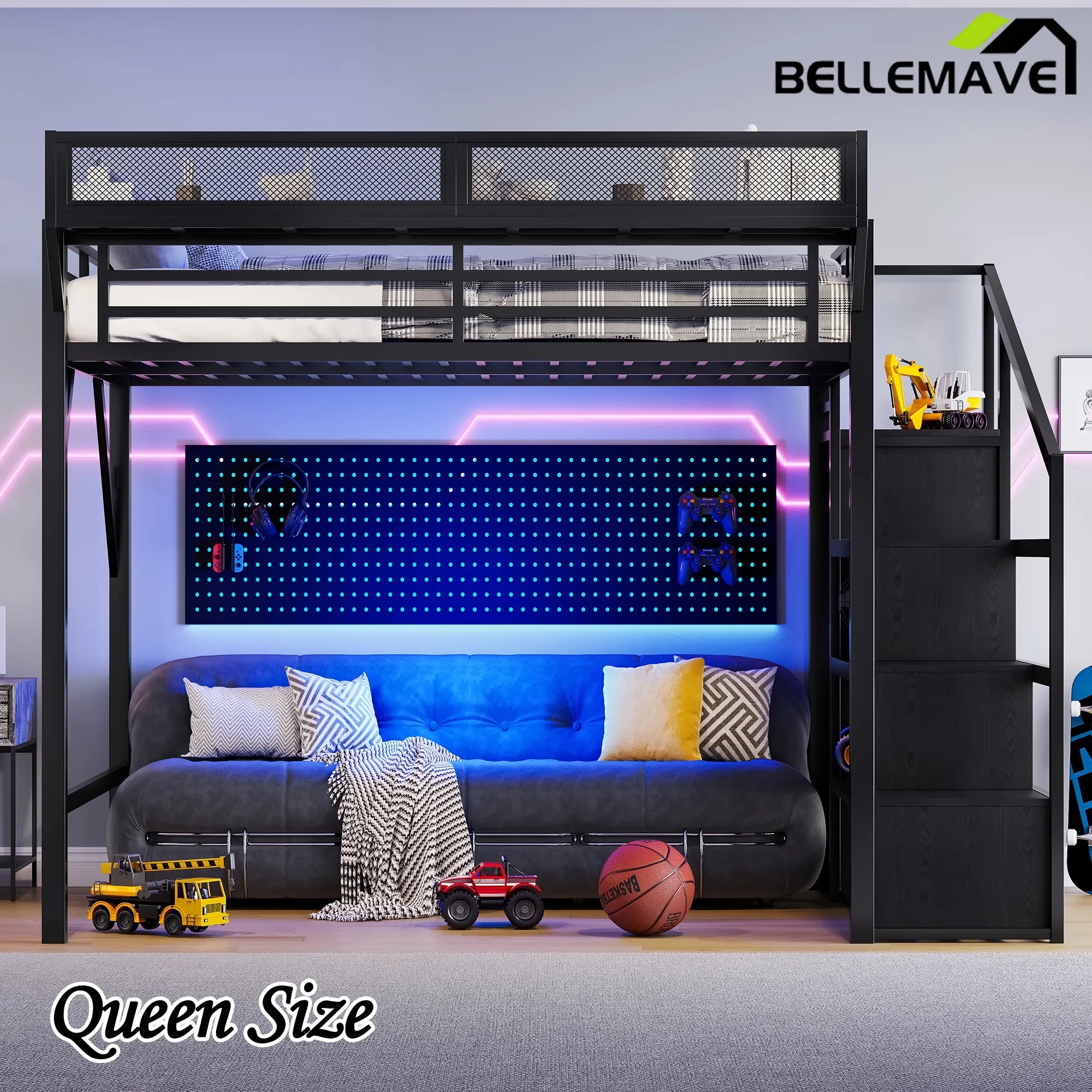 Bellemave® Metal Loft Bed with Storage Stairs, Shelves and Built - in Wardrobe, USB Ports and LED Lights - Bellemave