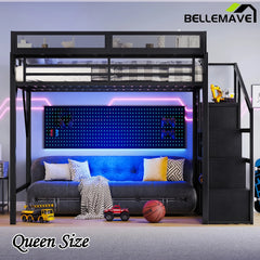 Bellemave® Metal Loft Bed with Storage Stairs, Shelves and Built - in Wardrobe, USB Ports and LED Lights - Bellemave