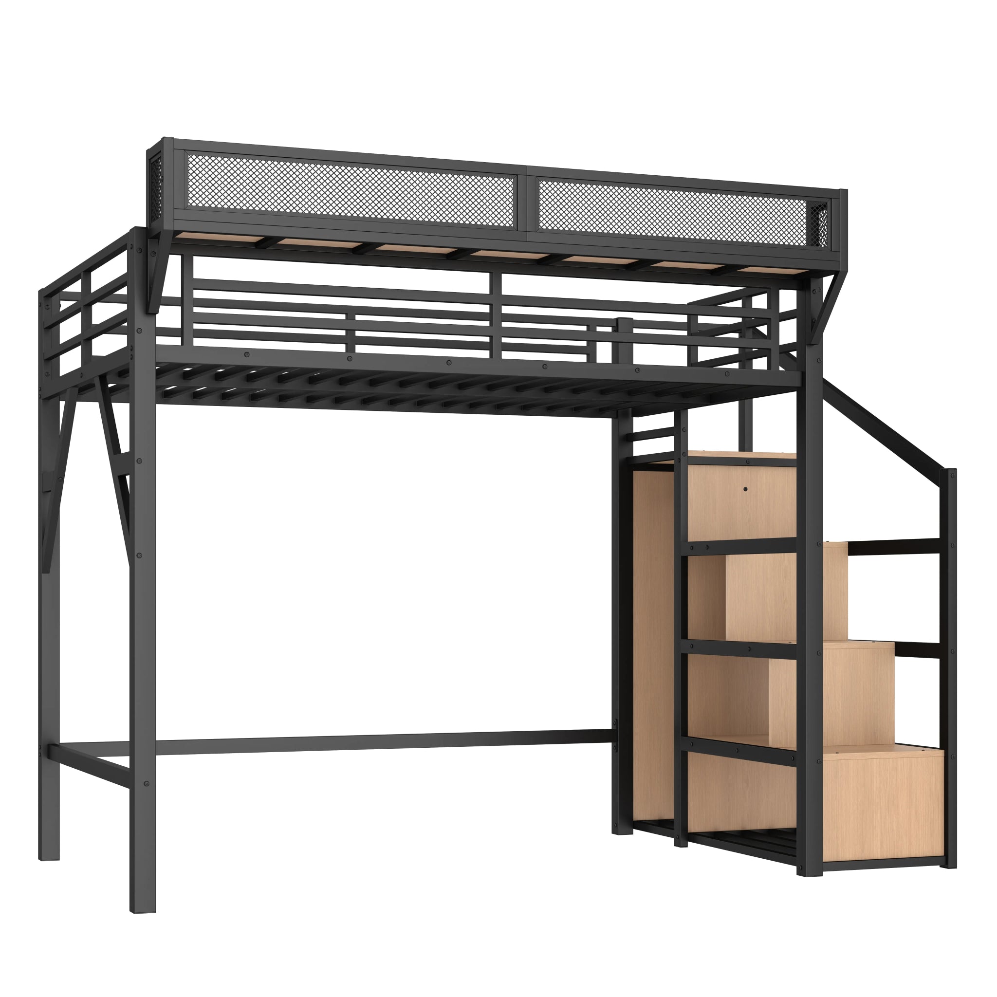 Bellemave® Metal Loft Bed with Storage Stairs, Shelves and Built - in Wardrobe, USB Ports and LED Lights - Bellemave