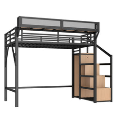 Bellemave® Metal Loft Bed with Storage Stairs, Shelves and Built - in Wardrobe, USB Ports and LED Lights - Bellemave