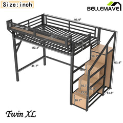 Bellemave® Metal Loft Bed with Storage Stairs, Shelves and Built - in Wardrobe, USB Ports and LED Lights - Bellemave