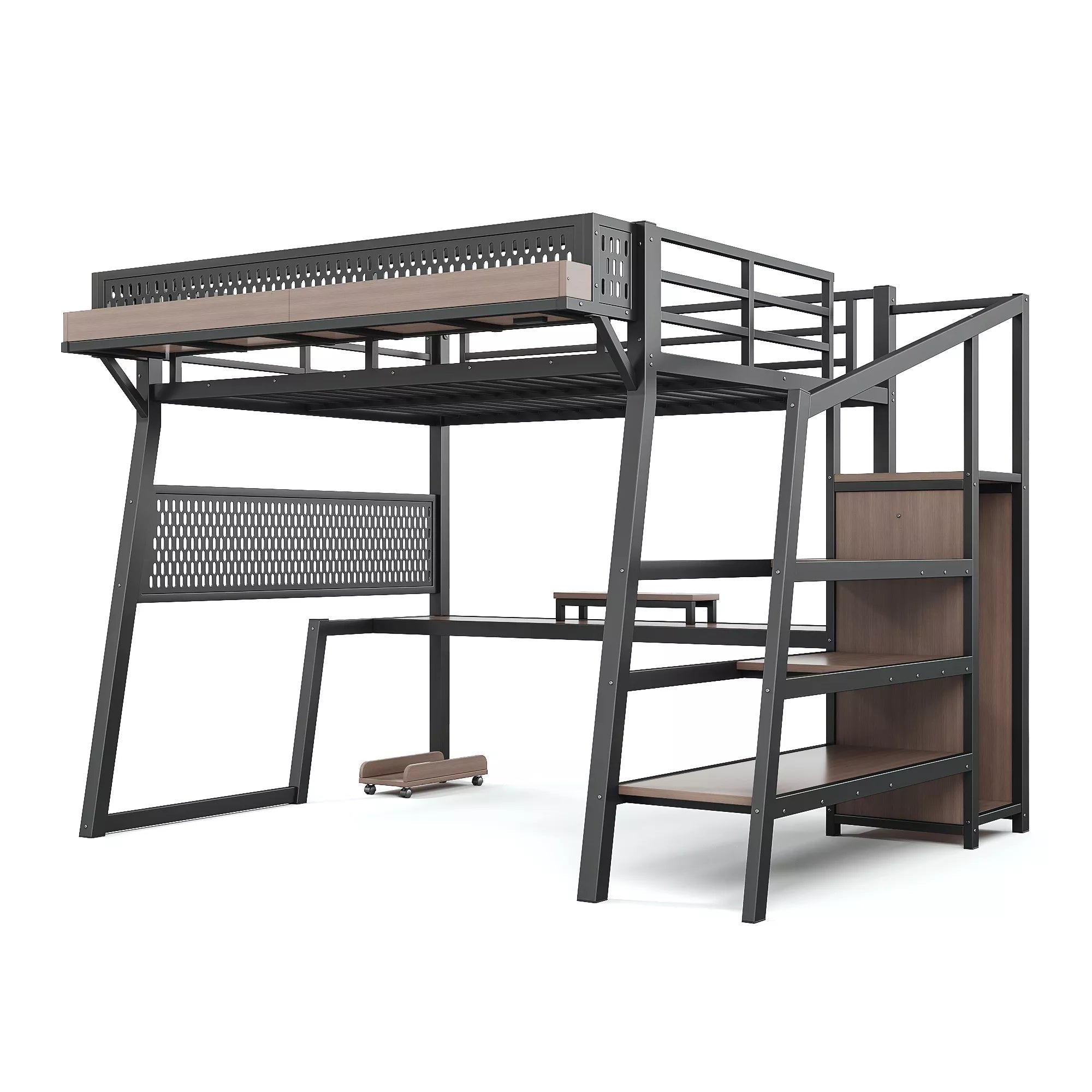 Bellemave® Metal Loft Bed with Storage Stairs, USB Ports, LED Lights, Pegboard & Built-in Wardrobe, Noise-Reduced Design, Black - Bellemave