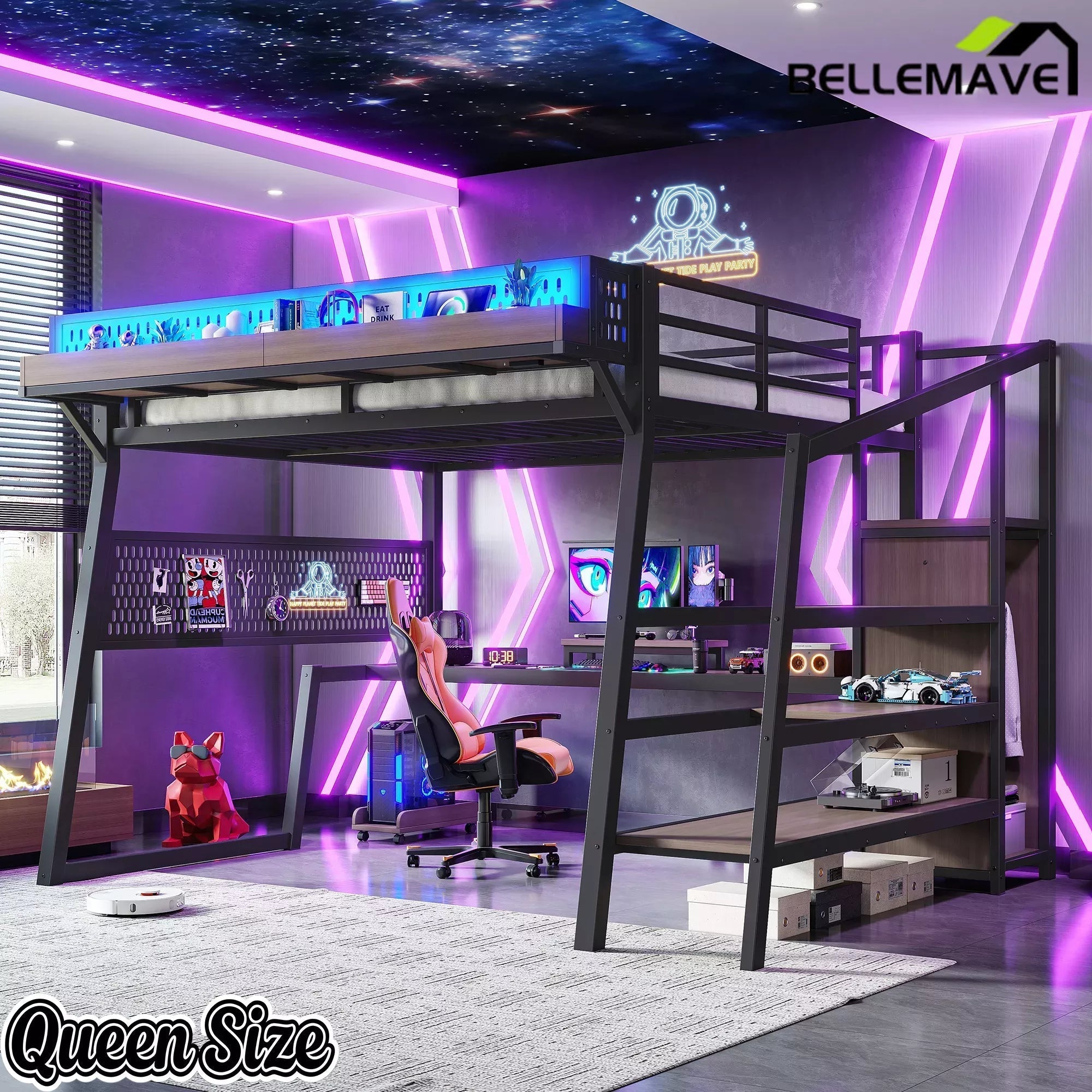 Bellemave® Metal Loft Bed with Storage Stairs, USB Ports, LED Lights, Pegboard & Built-in Wardrobe, Noise-Reduced Design, Black - Bellemave