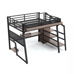 Bellemave® Metal Loft Bed with Storage Stairs, USB Ports, LED Lights, Pegboard & Built-in Wardrobe, Noise-Reduced Design, Black - Bellemave