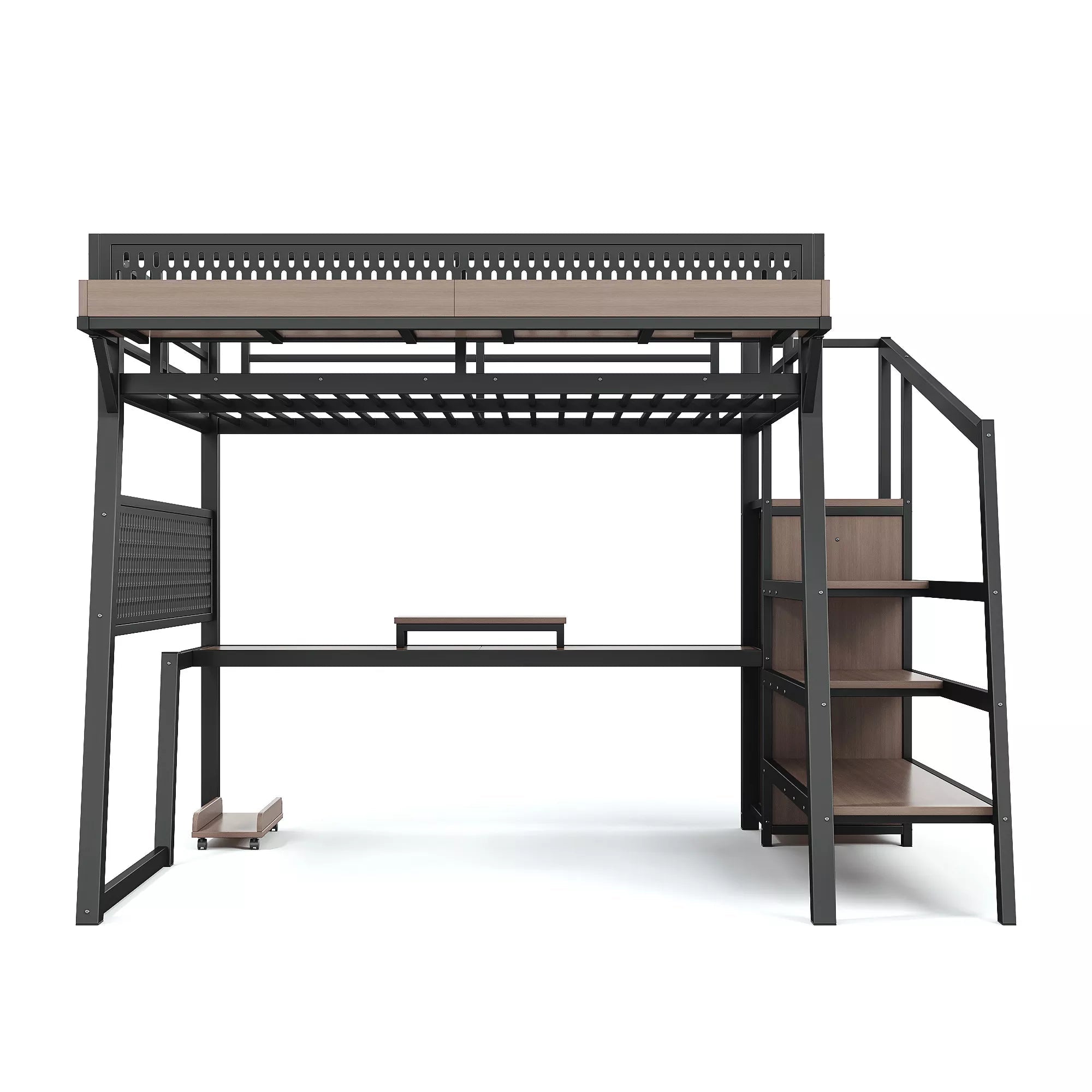 Bellemave® Metal Loft Bed with Storage Stairs, USB Ports, LED Lights, Pegboard & Built-in Wardrobe, Noise-Reduced Design, Black - Bellemave