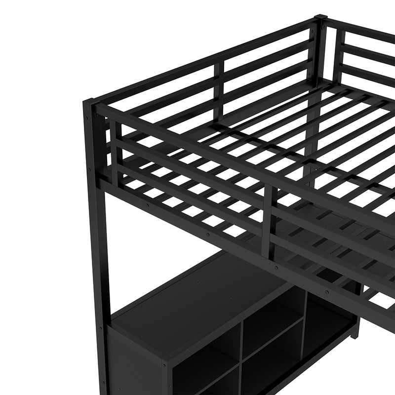 Bellemave® Metal Loft Bed with Wardrobe and L - shaped Desk, Storage Cubes and Shelves - Bellemave